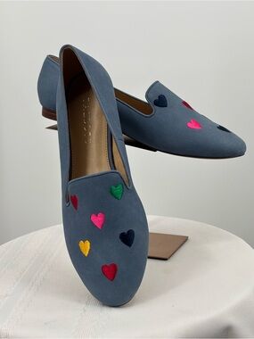 Talbots Leather Upper Soft Blue Suede With Hearts, Slip On Flats
Size 7.5